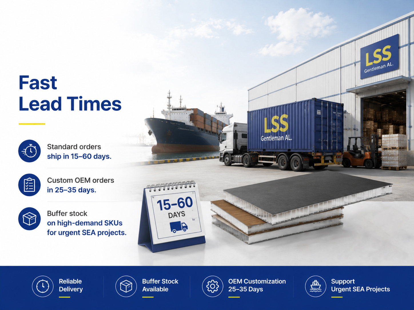 Fast delivery logistics for HPL panels and construction materials with container shipping and warehouse dispatch system